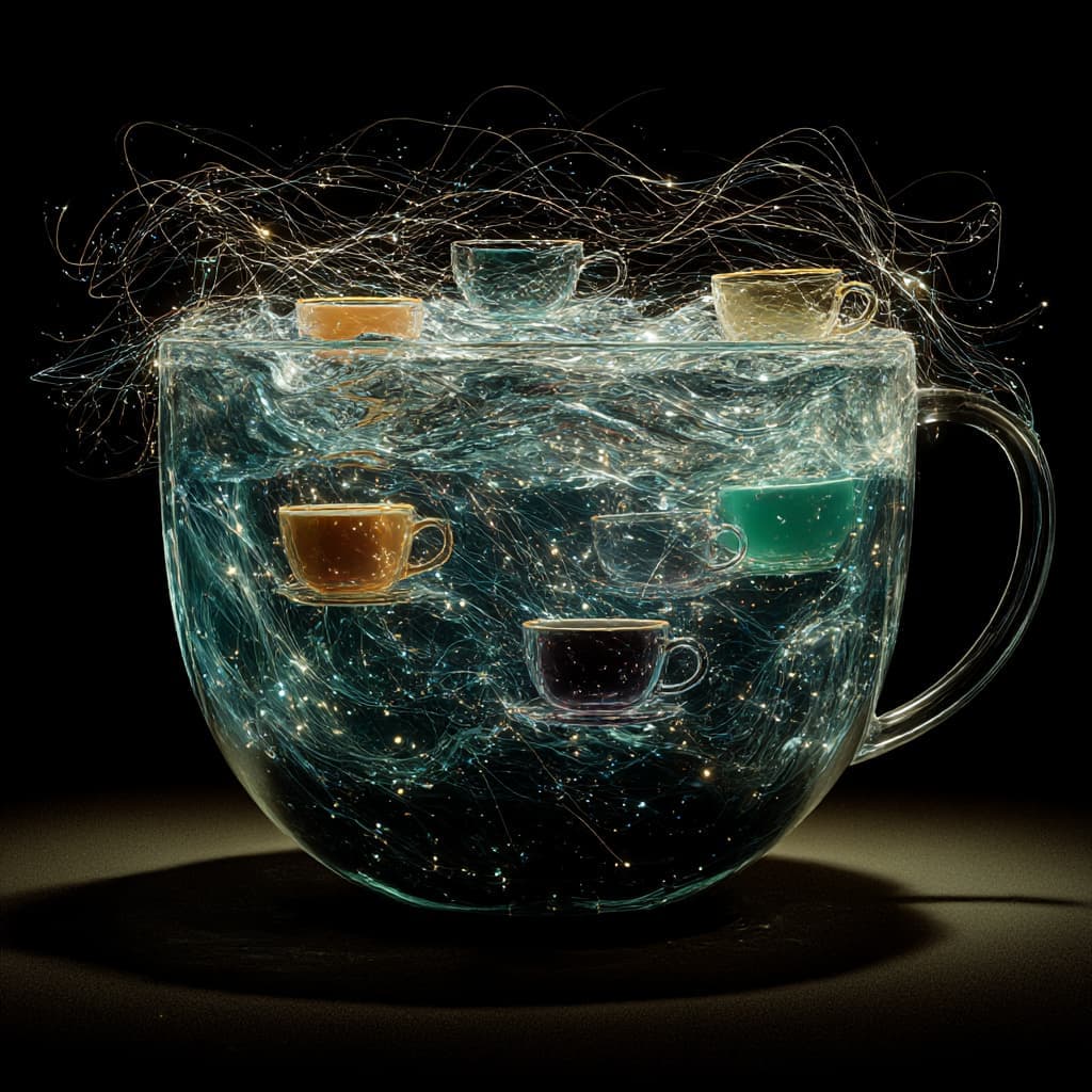 Conceptual art of a large, clear glass cup filled with shimmering, turbulent water. Floating inside are several smaller, transparent teacups, each containing their own differently colored liquid. The entire scene is filled with tiny, glowing energy particles, creating chaotic light trails. Cinematic lighting, macro shot, dark background.