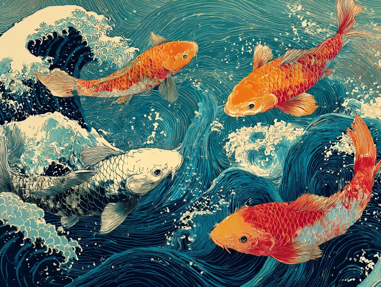 serene koi fish swimming through turbulent water whirlpools shaped like stock market waves, each koi a different rich color, Japanese woodblock meets modern vector clean lines, balanced composition,