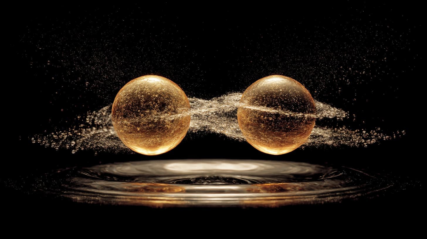 Ultra-slow motion sequence (10,000 fps): two particles approaching from opposite sides of frame, their motion trails show the path they traveled, at collision: the particles flatten and deform like liquid mercury, surface ripples propagate across their spherical forms, the moment of maximum compression shows both particles as flattened discs pressed together, then they separate and return to spherical form continuing in new directions, every microsecond of the collision captured in sequential frames composited into one image, technical beauty of physics, Phantom high-speed camera aesthetic, scientific documentation meets art